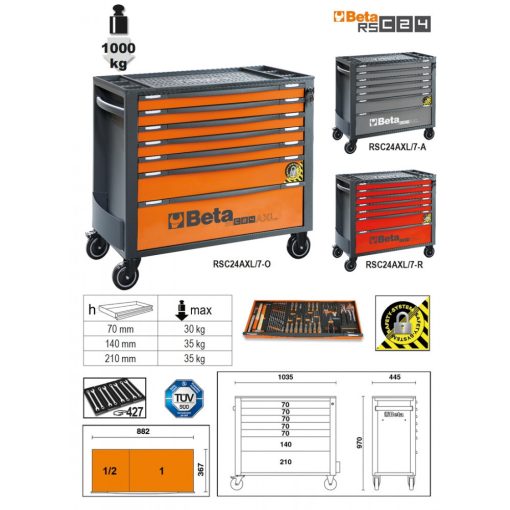 BETA 024004271 RSC24AXL/7-O-7 FIÓKOS SZERSZÁMKOCSI BORULÁSGÁTLÓ RENDSZERREL, HOSSZÚ MODELL