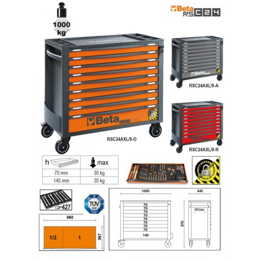 BETA 024004291 RSC24AXL/9-O-9 FIÓKOS SZERSZÁMKOCSI BORULÁSGÁTLÓ RENDSZERREL, HOSSZÚ MODELL