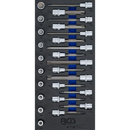 BGS Technic Műhelykocsi-betét 1/3: Behajtófej-készlet T-profil (Torx) 26 darabos (BGS-4119)