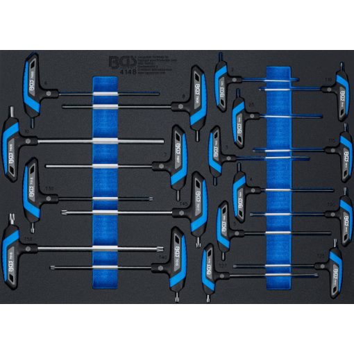 Műhelykocsi-betét 3/3: Csavarhúzó készlet T-fogantyúval belső hatszögletű, T-profil (Torx) 18 darabos